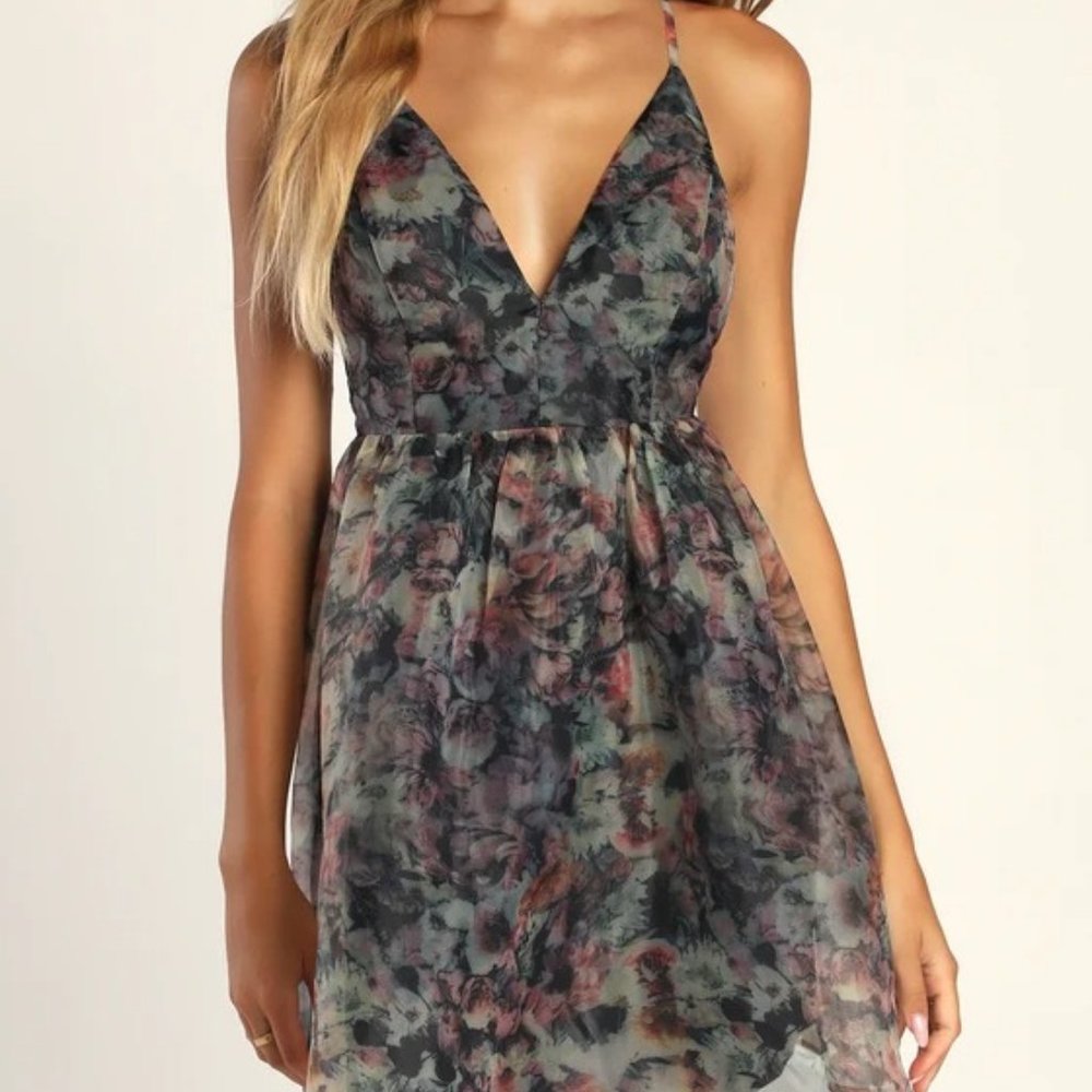 Lulu's Black Floral Print Organza Skater Dress